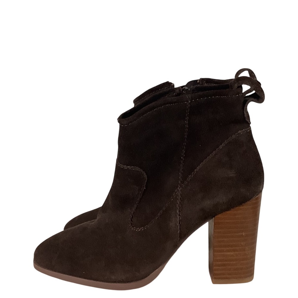 Dark Brown Suede Western Ankle Boots Side Zip Stacked Block Heel Almond Toe